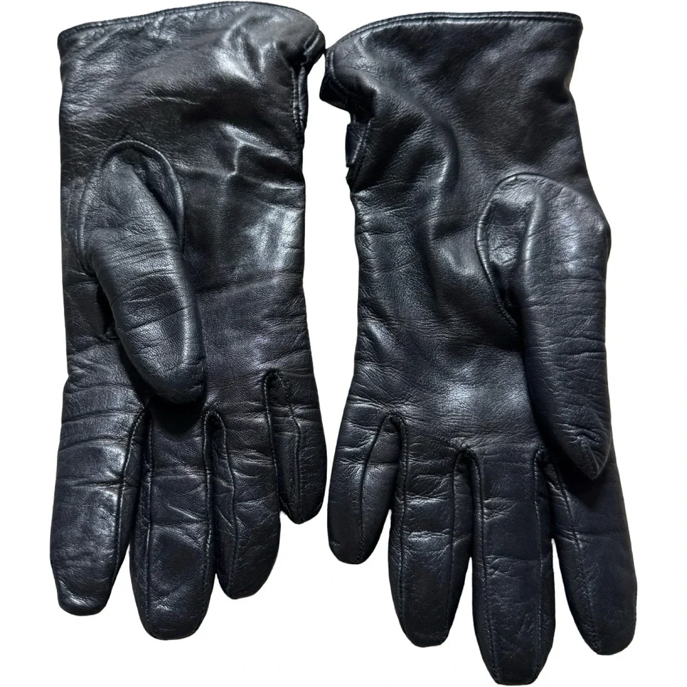 Leather Gloves Womens 6.5 Black Vintage Cashmere Lined Snap Cuff Italy 00567